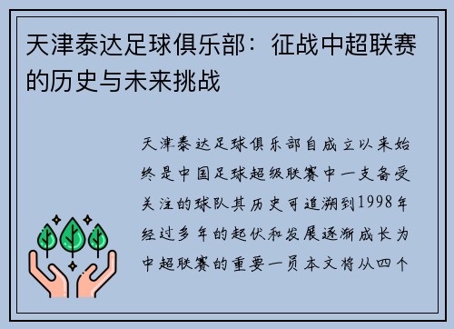 天津泰达足球俱乐部：征战中超联赛的历史与未来挑战