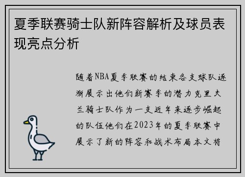 夏季联赛骑士队新阵容解析及球员表现亮点分析