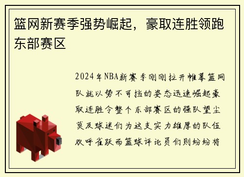篮网新赛季强势崛起，豪取连胜领跑东部赛区