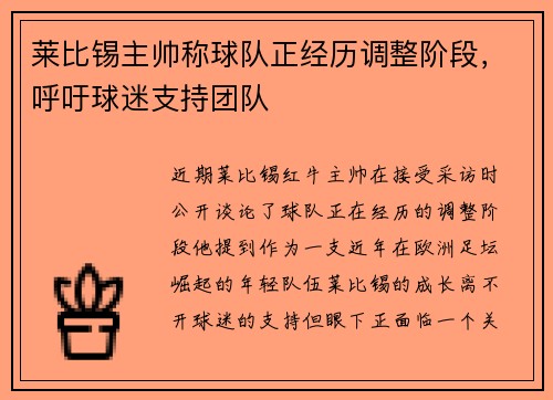 莱比锡主帅称球队正经历调整阶段，呼吁球迷支持团队